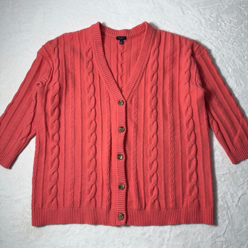 Talbots Plus Petite Coral‎ Cable Knit V Neck Wool Blend Cardigan Sweater Size 3X